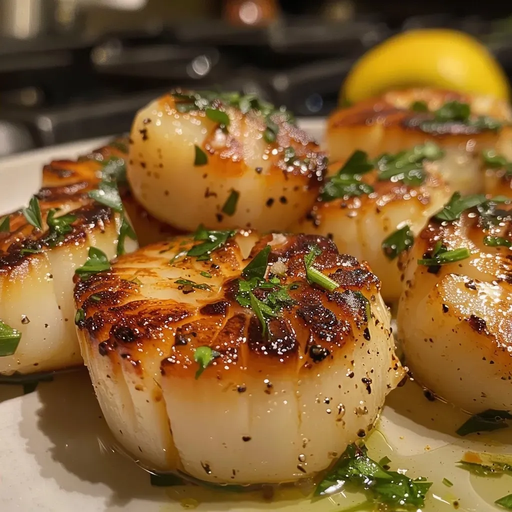 Close-up view of juicy seared scallops on a plate with corn purée.