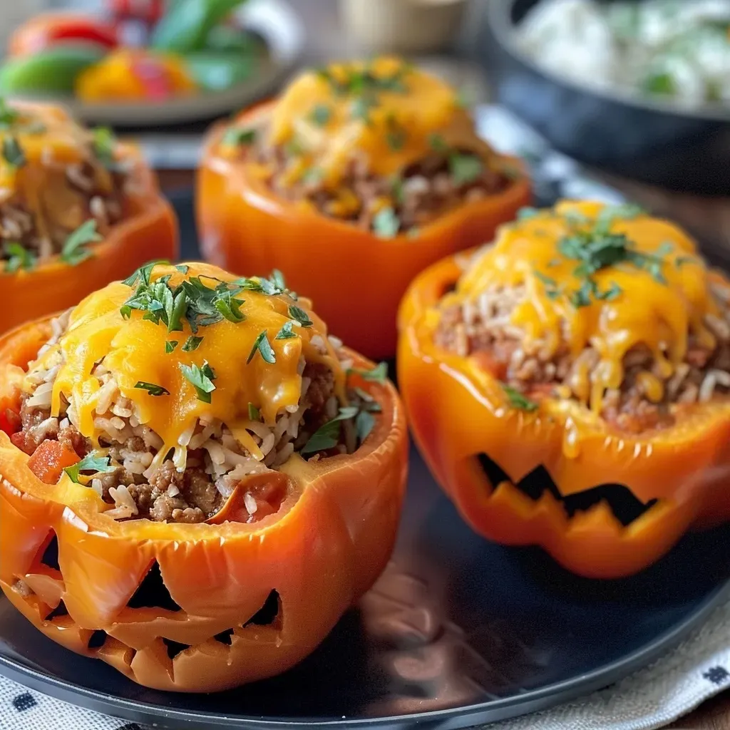 ['Close-up view of carved orange bell peppers filled with a savory mixture.',