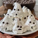 ['Close-up of Keto Ghost Meringue Cookies with candy eyes, showcasing a light and airy texture.', 'Side view of fluffy white Keto Ghost Meringue Cookies decorated with black food paint.', 'Juicy and delicious Keto Ghost Meringue Cookies on a textured surface, resembling cute ghosts.', 'Tantalizing Keto Ghost Meringue Cookies with detailed decorations, emphasizing their whimsical appearance.']