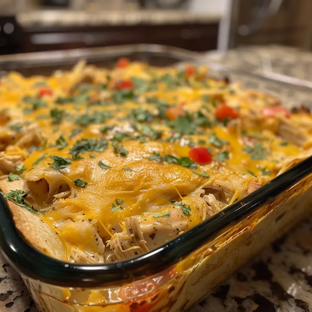 Close-up of a King Ranch Chicken Casserole, showcasing layers of ingredients and melted cheese.