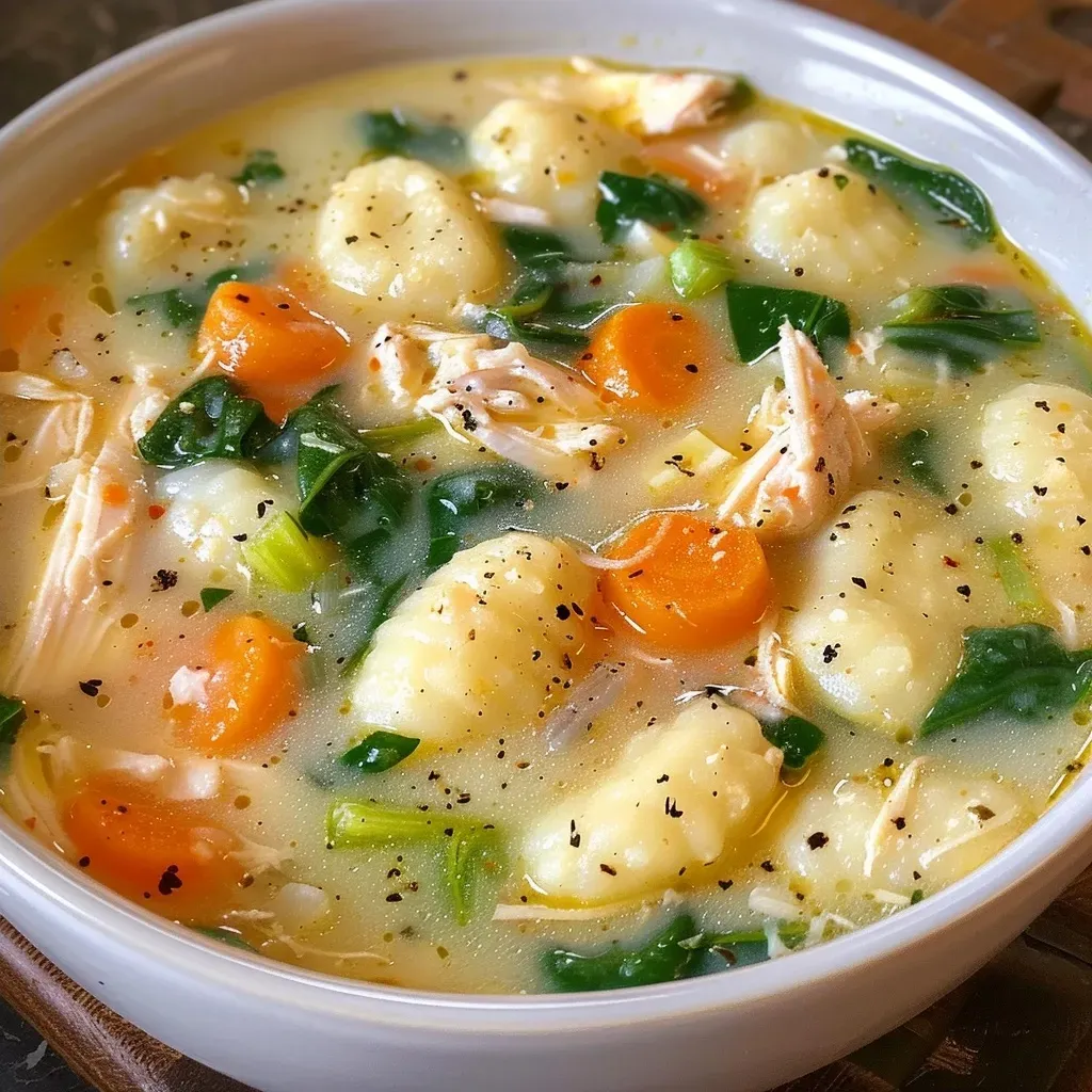 A close-up view of a bowl of Low Calorie Chicken Gnocchi Soup garnished with spinach and thyme.