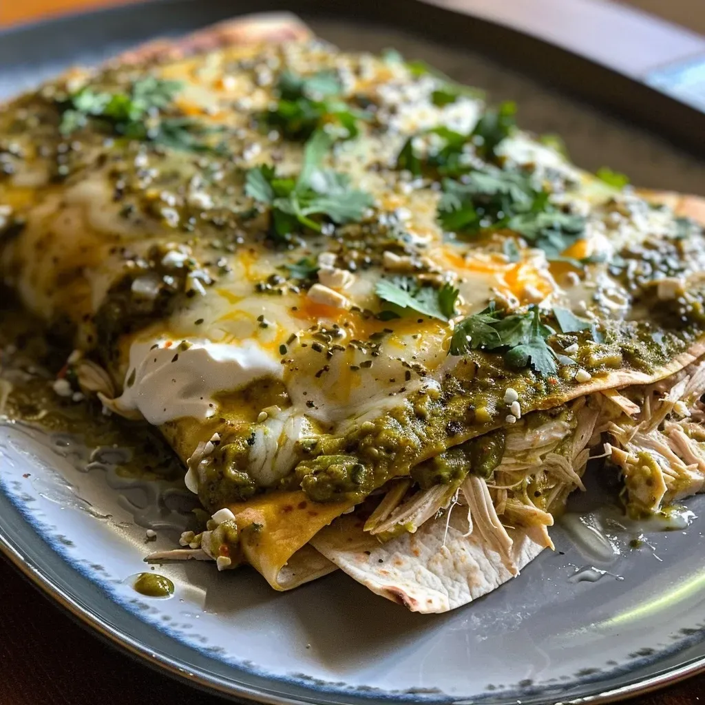 Close-up view of Low Calorie Green Chicken Enchiladas with melted cheese on top.