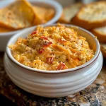 ['Close-up view of creamy low calorie pimento cheese in a bowl.', 'Side view of low calorie pimento cheese with a rich texture.', 'Juicy low calorie pimento cheese with visible red pimentos and herbs.', 'Appetizing low calorie pimento cheese spread in a white dish.']