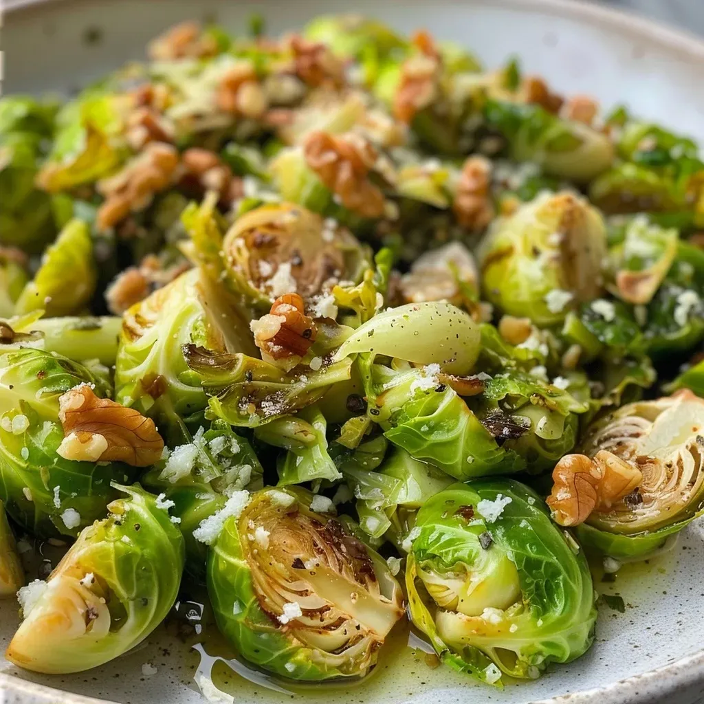 Close-up view of a Maple Dijon Brussels Sprouts Salad in a bowl.