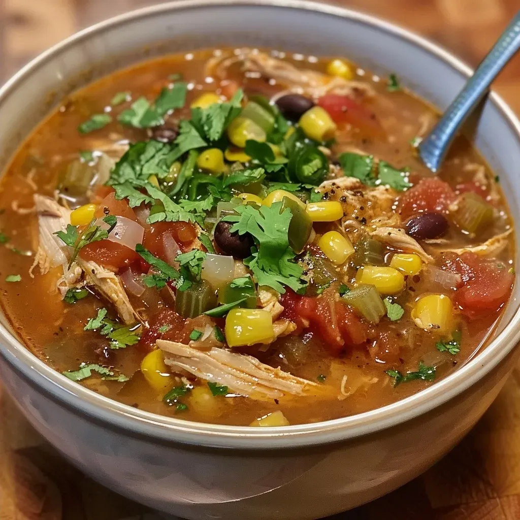 ['Close-up view of a bowl of Mexican Chicken Tortilla Soup with vibrant ingredients.', 'Side angle of a steaming bowl of Mexican Chicken Tortilla Soup garnished with herbs.', 'Delicious Mexican Chicken Tortilla Soup displayed in a rustic bowl, showcasing colorful vegetables.', 'Close-up of a hearty serving of Mexican Chicken Tortilla Soup, highlighting chicken and beans.']