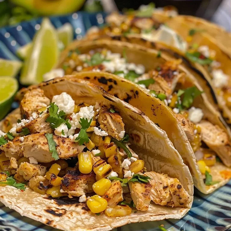 ['A close-up view of Mexican Street Corn Chicken Tacos filled with juicy chicken, corn, and toppings.', 'Side perspective of delicious chicken tacos showcasing vibrant ingredients and textures.', 'Juicy Mexican chicken tacos arranged on a plate, highlighting corn and fresh garnishes.', 'Close-up shot of tacos featuring tender chicken, corn, and colorful toppings, ready to eat.']