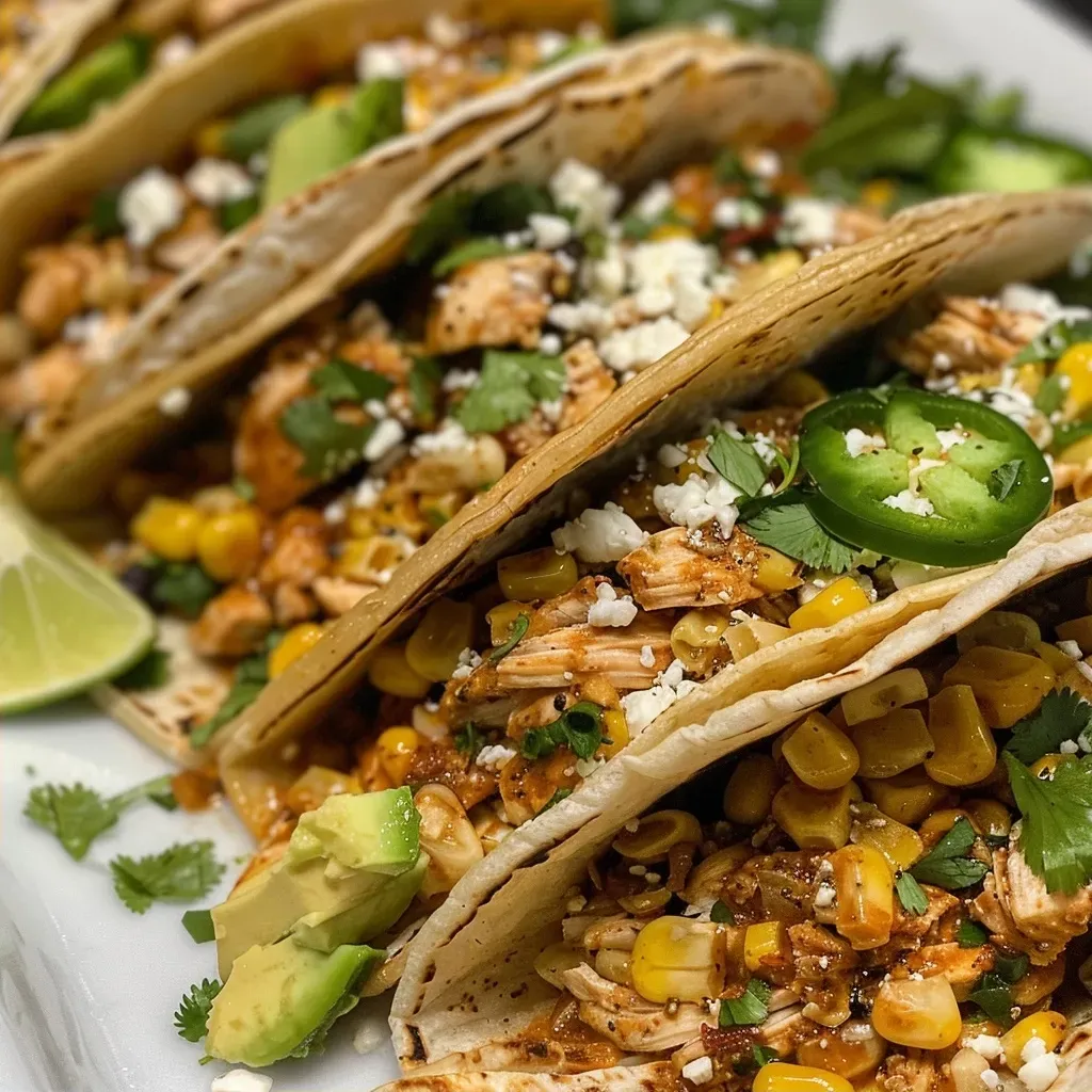 ['A close-up view of Mexican Street Corn Chicken Tacos filled with juicy chicken, corn, and toppings.', 'Side perspective of delicious chicken tacos showcasing vibrant ingredients and textures.', 'Juicy Mexican chicken tacos arranged on a plate, highlighting corn and fresh garnishes.', 'Close-up shot of tacos featuring tender chicken, corn, and colorful toppings, ready to eat.']