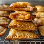 ['Close-up view of golden-brown mini pumpkin hand pies on a white plate.', 'Side view of freshly baked mini pumpkin hand pies with a flaky crust.', 'Juicy mini pumpkin hand pies filled with a vibrant orange pumpkin mixture.', 'Delicious mini pumpkin hand pies dusted with cinnamon sugar on a rustic table.']