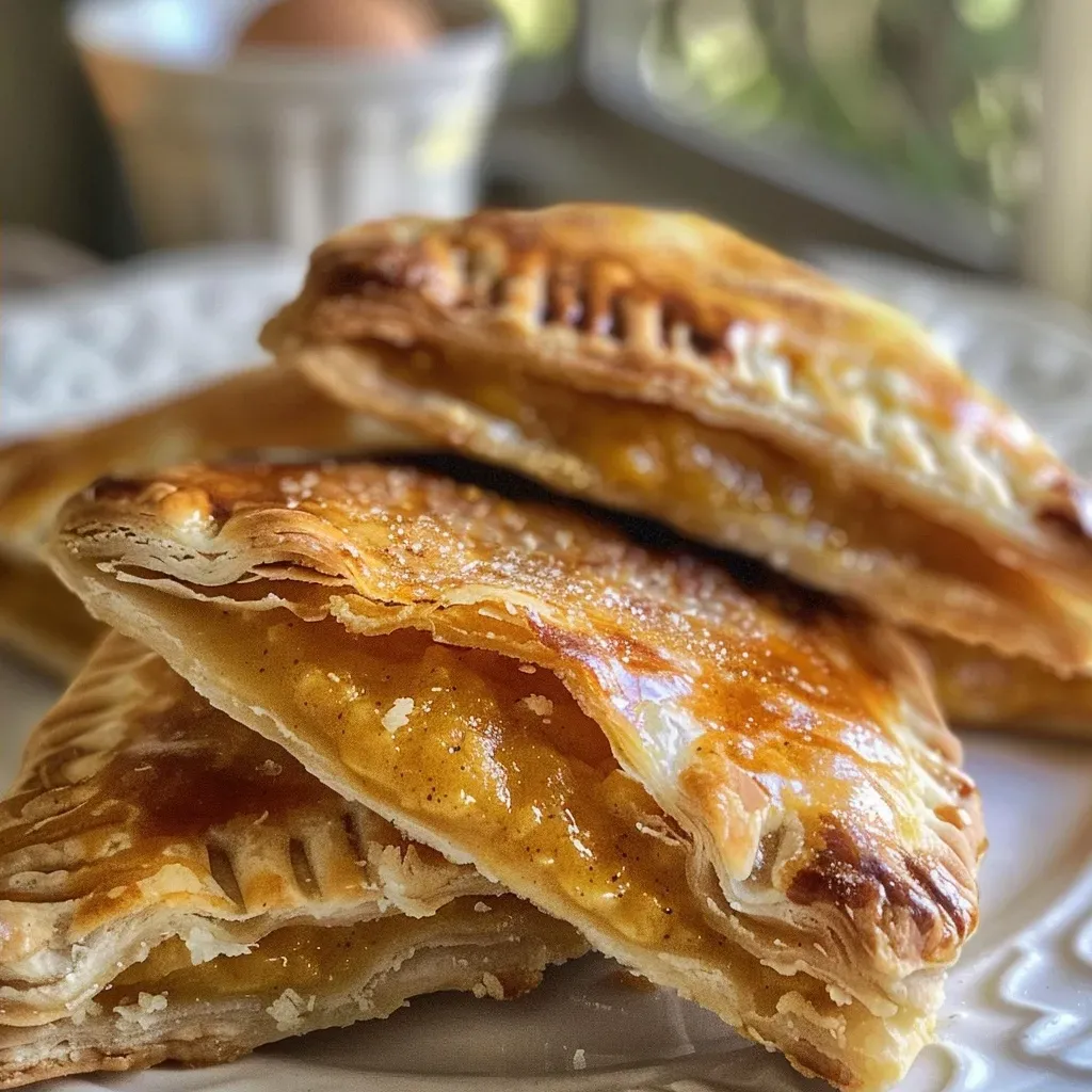 Close-up view of golden-brown mini pumpkin hand pies on a white plate.