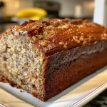 ['Close-up of moist brown butter banana bread with a golden crust and slices cut out.', 'Side view of freshly baked banana bread showing its rich texture and moist interior.', 'Juicy banana bread with a glossy top, highlighting its browned butter finish.', 'Slice of tender banana bread displaying chunks of banana and a soft crumb.']