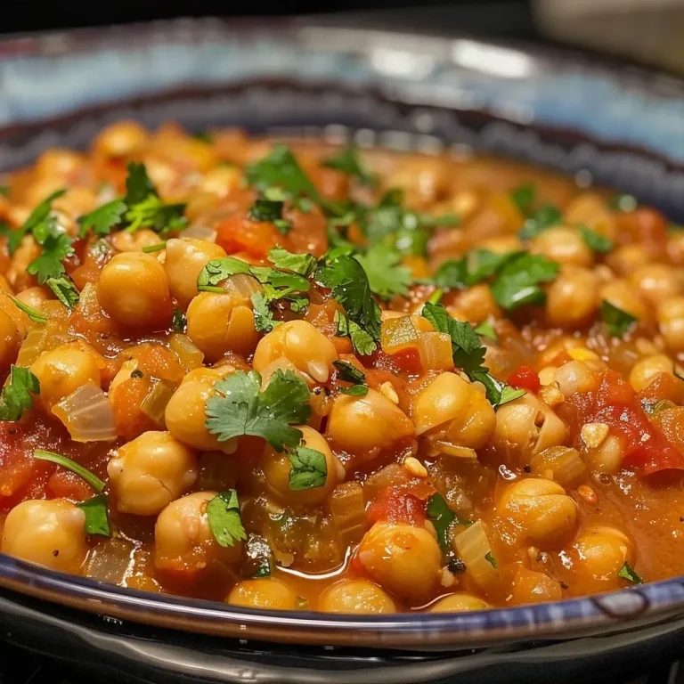 ['Close-up view of a bowl filled with Moroccan Chickpea Stew, showcasing vibrant vegetables and spices.', 'Side view of a hearty Moroccan Chickpea Stew in a deep bowl, garnished with fresh cilantro.', 'Detail shot of Moroccan Chickpea Stew, with chickpeas, tomatoes, and spices visible.', 'Close-up image of a delicious Moroccan Chickpea Stew, highlighting its rich texture and colors.']