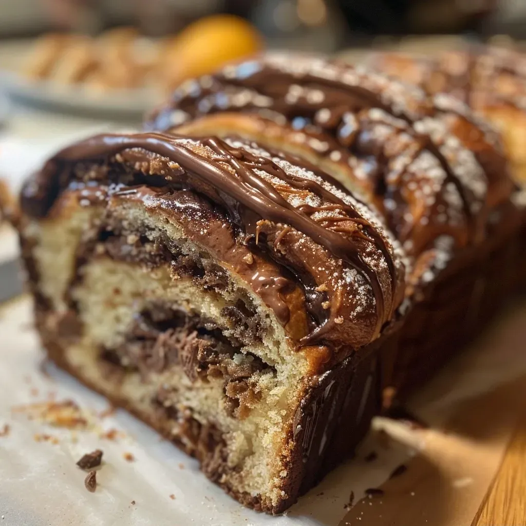 Close-up of golden-brown Nutella Babka Buns with a shiny glaze.