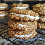 ['Close-up view of freshly baked oatmeal cream pie cookies with a creamy filling.', 'Side view of two oatmeal cream pie cookies stacked, showcasing their fluffy filling.', 'Delicious oatmeal cream pies with visible oats and creamy centers on a plate.', 'Juicy oatmeal cream pie cookies highlighted in a close-up capture, revealing their texture.']