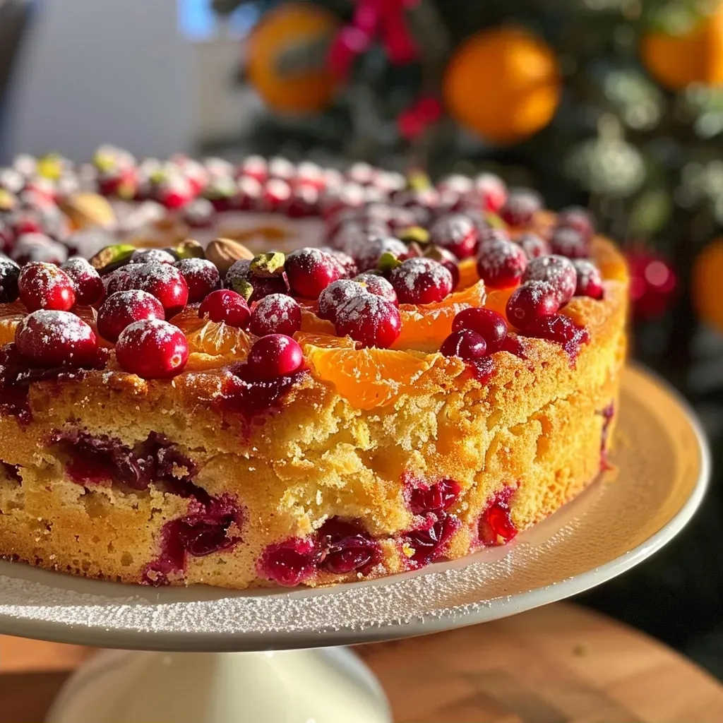 ['Close-up side view of a freshly baked Orange Cranberry Cake with a glossy glaze.', 'Juicy Orange Cranberry Cake showcasing vibrant cranberries and a drizzle of orange glaze.', 'A delectable slice of Orange Cranberry Cake with visible orange zest and cranberries.', 'Side perspective of Orange Cranberry Cake, highlighting its moist texture and garnished top.']