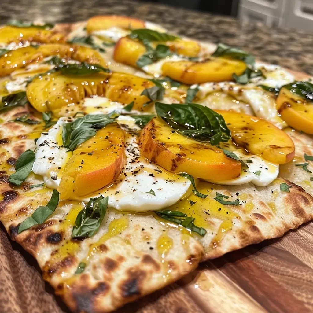 ['Close-up of a Peach Basil Mozzarella Flatbread, showcasing juicy peaches, fresh basil, and sliced mozzarella.', 'Side view of a flatbread topped with ripe peaches, mozzarella cheese, and chopped basil leaves.', 'Appetizing Peach Basil Mozzarella Flatbread with vibrant colors and fresh ingredients displayed.', 'Deliciously assembled flatbread featuring juicy peaches, fresh mozzarella, and green basil for garnish.']