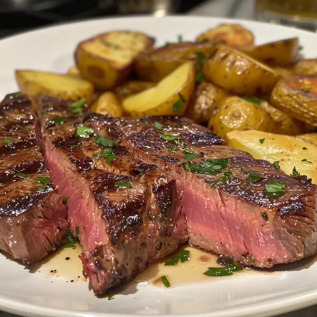 A close-up view of perfectly cooked steak frites on a white plate.