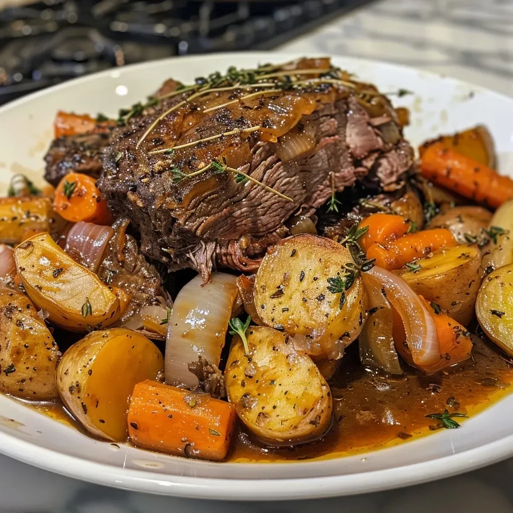 Close-up of a juicy pot roast with vegetables in a Dutch oven.