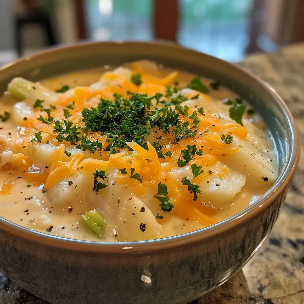 A close-up side view of a bowl of creamy potato cheese soup garnished with cheese.
