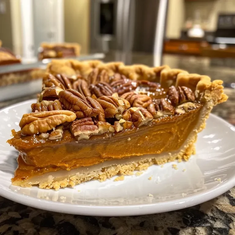 ['A slice of Praline Pumpkin Pie showcasing a golden crust and a rich pecan topping.', 'Close-up view of Praline Pumpkin Pie with a smooth filling and crunchy pecans on top.', 'Side view of a decadent slice of pumpkin pie garnished with chopped pecans.', 'Detailed image of a Praline Pumpkin Pie slice with rich, glossy toppings.']