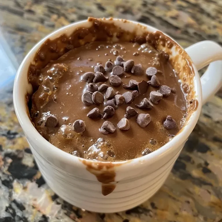 ['Close-up of a delicious protein mug cake with chocolate chips on top.', 'Side view of a moist protein mug cake in a white mug, showcasing its rich texture.', 'Juicy protein mug cake in a mug, highlighting its fluffy and chocolatey interior.', 'Image of a protein mug cake with a glossy finish and chocolate chips, served fresh.']