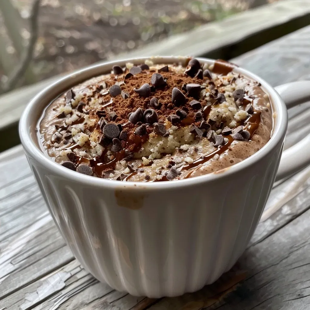 ['Close-up of a delicious protein mug cake with chocolate chips on top.', 'Side view of a moist protein mug cake in a white mug, showcasing its rich texture.', 'Juicy protein mug cake in a mug, highlighting its fluffy and chocolatey interior.', 'Image of a protein mug cake with a glossy finish and chocolate chips, served fresh.']