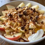 ['Close-up of protein-packed apple nachos with yogurt and nuts.', 'Side view of apple slices drizzled with Greek yogurt and sprinkled with nuts.', 'Juicy apple nachos topped with protein powder and cinnamon.', 'Deliciously arranged apple slices with creamy yogurt and nut toppings.']