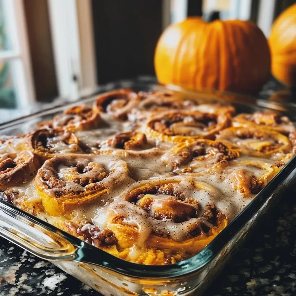 ['Close-up view of a slice of Pumpkin Cinnamon Roll Casserole showcasing gooey, spiced layers.', 'Side view of a decadent Pumpkin Cinnamon Roll Casserole with a golden-brown top and visible cinnamon swirls.', 'Texture-rich photo of Pumpkin Cinnamon Roll Casserole, highlighting its moist layers and cinnamon glaze.', 'Appetizing slice of Pumpkin Cinnamon Roll Casserole with a soft, fluffy texture and pumpkin filling.']