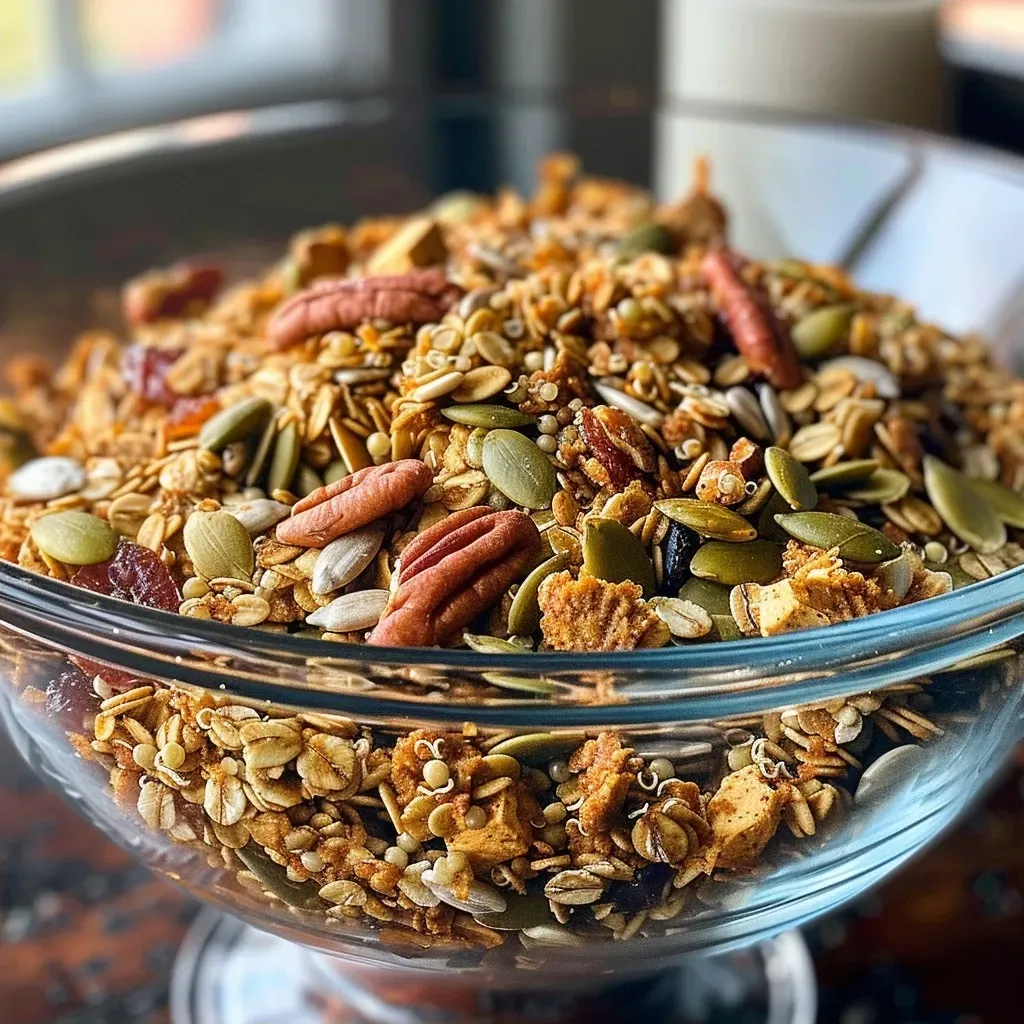 ['Close-up view of crunchy pumpkin granola with visible pumpkin seeds and oats.', 'Side angle of a bowl filled with golden-brown pumpkin granola highlighting its texture.', 'Detailed image showcasing pumpkin granola with cranberries and pecans.', 'Vibrant pumpkin granola mixture featuring oats, seeds, and spices.']