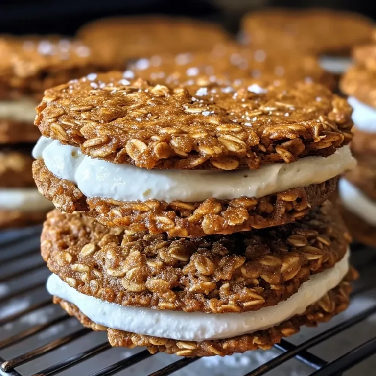 ['Close-up view of Pumpkin Oatmeal Cream Pies with cream filling, highlighting their texture.', 'Side view of two Pumpkin Oatmeal Cream Pies stacked, showcasing the creamy center and oatmeal exterior.', 'Detailed angle of Pumpkin Oatmeal Cream Pies, emphasizing the spices and creamy filling.', 'Juicy Pumpkin Oatmeal Cream Pies displayed on a textured surface, revealing their soft, inviting look.']