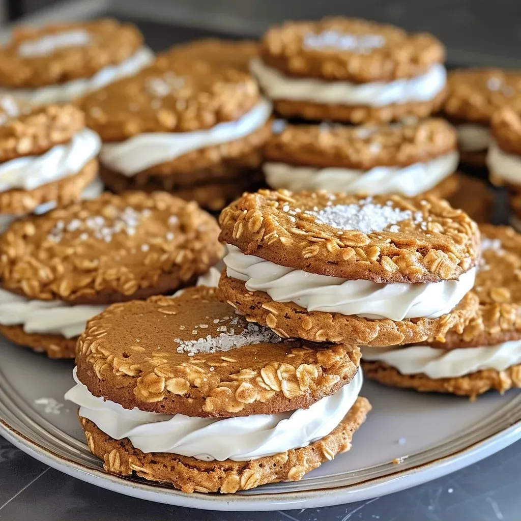 ['Close-up view of Pumpkin Oatmeal Cream Pies with cream filling, highlighting their texture.', 'Side view of two Pumpkin Oatmeal Cream Pies stacked, showcasing the creamy center and oatmeal exterior.', 'Detailed angle of Pumpkin Oatmeal Cream Pies, emphasizing the spices and creamy filling.', 'Juicy Pumpkin Oatmeal Cream Pies displayed on a textured surface, revealing their soft, inviting look.']