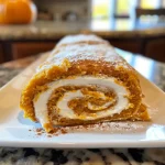 ['A close-up view of a sliced pumpkin roll with cream cheese filling.', 'Side profile of a deliciously rolled pumpkin cake topped with cream cheese.', 'Juicy pumpkin roll showing cream cheese filling and spiced cake texture.', 'A detailed view of a pumpkin roll highlighting its creamy filling and outer texture.']