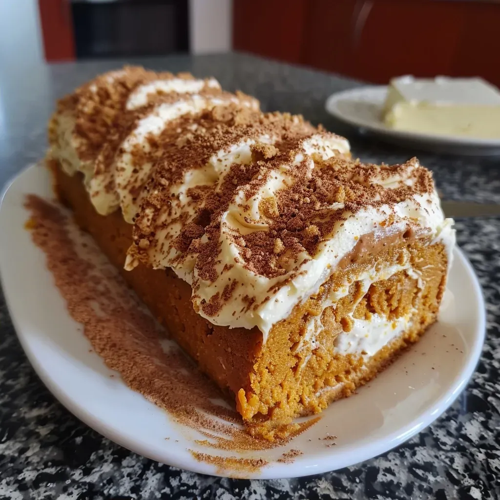 ['A close-up view of a sliced pumpkin roll with cream cheese filling.', 'Side profile of a deliciously rolled pumpkin cake topped with cream cheese.', 'Juicy pumpkin roll showing cream cheese filling and spiced cake texture.', 'A detailed view of a pumpkin roll highlighting its creamy filling and outer texture.']