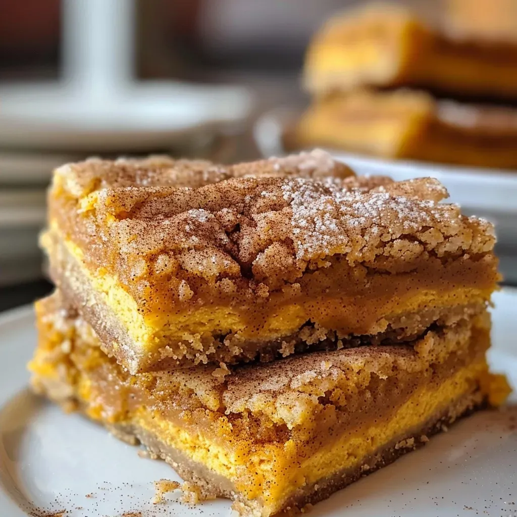 ['Close-up side view of Pumpkin Snickerdoodle Bars, showcasing a soft texture and sprinkled cinnamon on top.', 'Delicious Pumpkin Snickerdoodle Bars presented from the side, highlighting their moist layers and golden brown edges.', 'A detailed view of Pumpkin Snickerdoodle Bars, emphasizing the creamy frosting and cinnamon dusting on top.', 'Side perspective of Pumpkin Snickerdoodle Bars, featuring a rich pumpkin color with a sprinkle of cinnamon sugar.']