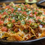 ['Close-up view of a skillet filled with cheesy nachos topped with chorizo, beans, and avocado.', 'Skillet nachos featuring melted cheese, jalapeños, and diced tomatoes served with tortilla chips.', 'Juicy Queso Fundido Nachos displayed in a skillet, showcasing layers of cheese and toppings.', 'A vibrant arrangement of nachos topped with chorizo, cilantro, and diced avocado in a cast-iron skillet.']