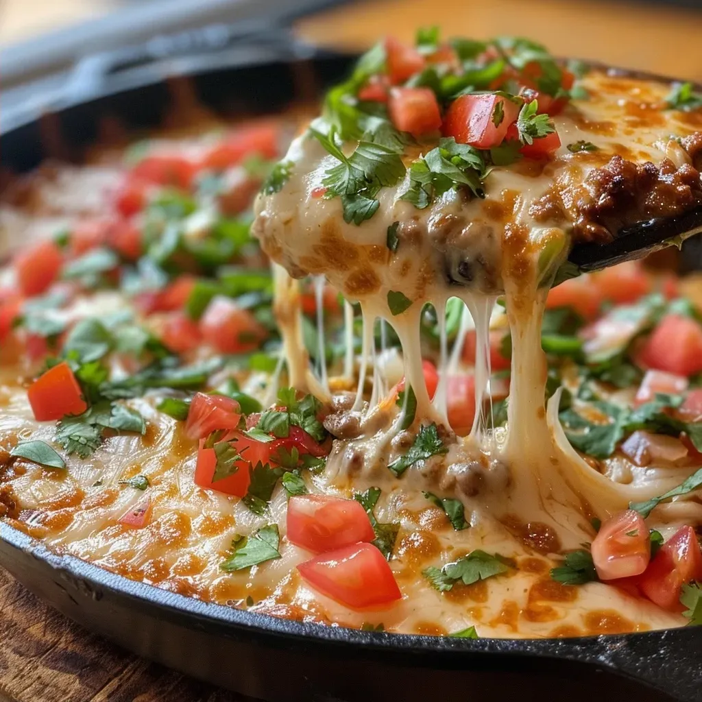 ['A close-up view of melted Queso Fundido with a rich blend of cheeses and toppings.', 'Juicy Queso Fundido featuring melted cheese, chorizo, and fresh vegetables served with chips.', 'Side view of Queso Fundido showcasing a creamy texture and colorful ingredients.', 'Delicious Queso Fundido topped with diced tomatoes and cilantro, served in a dish.']