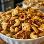 ['Close-up view of a bowl filled with Ranch Chex Mix, showcasing various snack elements.', 'Side view of a colorful mix of Ranch Chex, pretzels, and nuts in a bowl.', 'Close-up of assorted crunchy snacks including Rice Chex, pretzels, and cheese crackers.', 'Detailed view of Ranch-flavored Chex Mix with cashews and oyster crackers displayed in a bowl.']