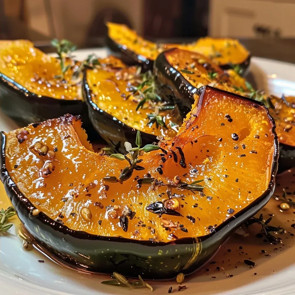Close-up view of roasted acorn squash halves drizzled with maple syrup.
