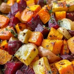 ['A close-up view of roasted root vegetables featuring carrots, sweet potatoes, and beets.', 'Juicy roasted root vegetables arranged in a colorful display on a plate.', 'A side view of golden-brown roasted carrots, beets, and parsnips with seasonings.', 'A vibrant mix of root vegetables, including sweet potatoes and red onion, roasted to perfection.']