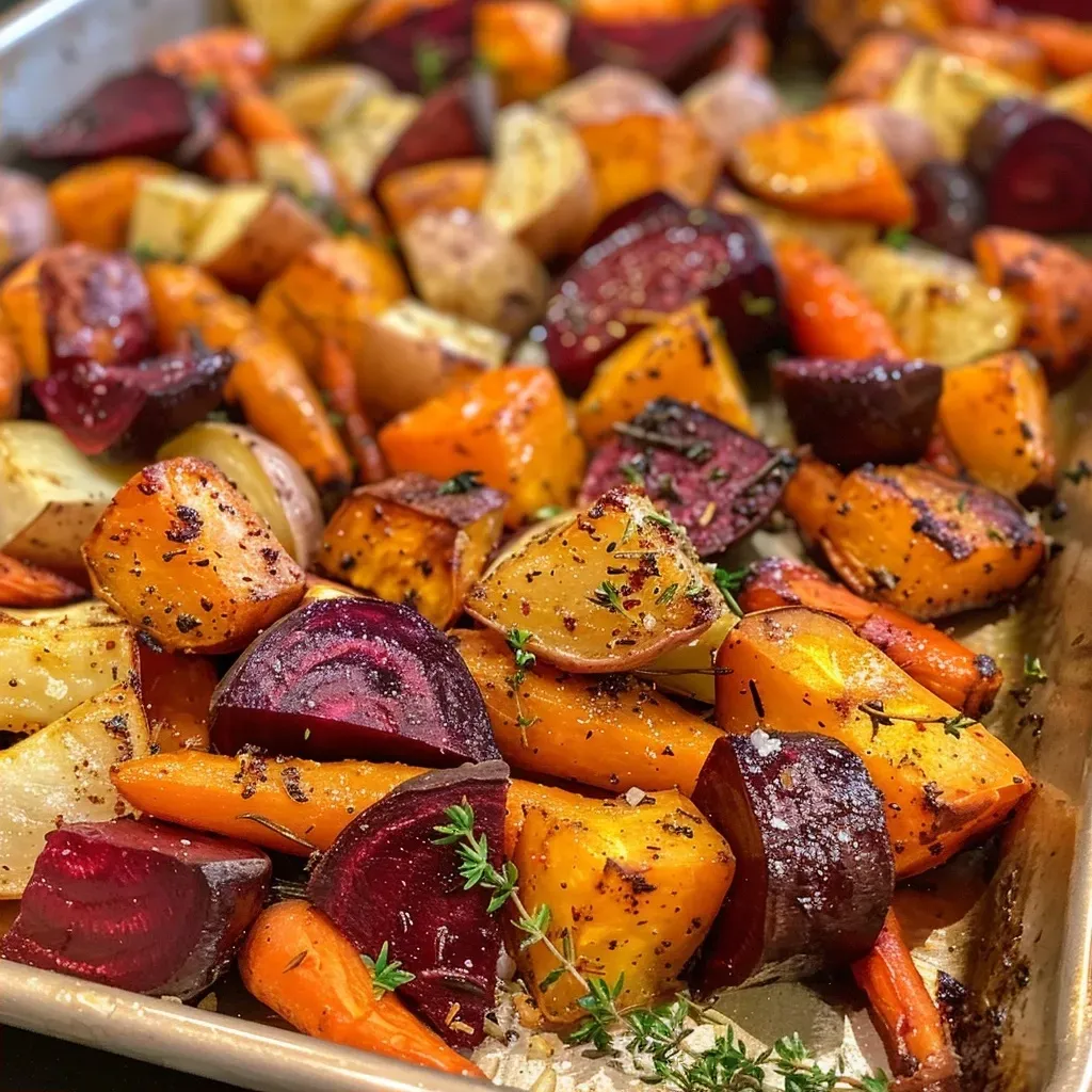 ['A close-up view of roasted root vegetables featuring carrots, sweet potatoes, and beets.', 'Juicy roasted root vegetables arranged in a colorful display on a plate.', 'A side view of golden-brown roasted carrots, beets, and parsnips with seasonings.', 'A vibrant mix of root vegetables, including sweet potatoes and red onion, roasted to perfection.']