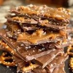 ['Close-up of Salted Caramel Pretzel Bark with glistening chocolate and pretzel pieces.', 'Side view of a chocolate and caramel dessert with pretzel toppings, highlighting its texture.', 'Detailed view of Salted Caramel Pretzel Bark showcasing the layers of chocolate, caramel, and pretzels.', 'Rich, shiny Salted Caramel Pretzel Bark with a crunchy pretzel crust, set against a white background.']