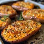 ['Close-up view of savory twice-baked sweet potatoes topped with cheese and thyme.', 'Side perspective of juicy twice-baked sweet potatoes garnished with fresh herbs.', 'Detailed shot of stuffed sweet potatoes with a golden cheese layer and herbs.', 'Mouthwatering arrangement of baked sweet potatoes filled with creamy ingredients.']