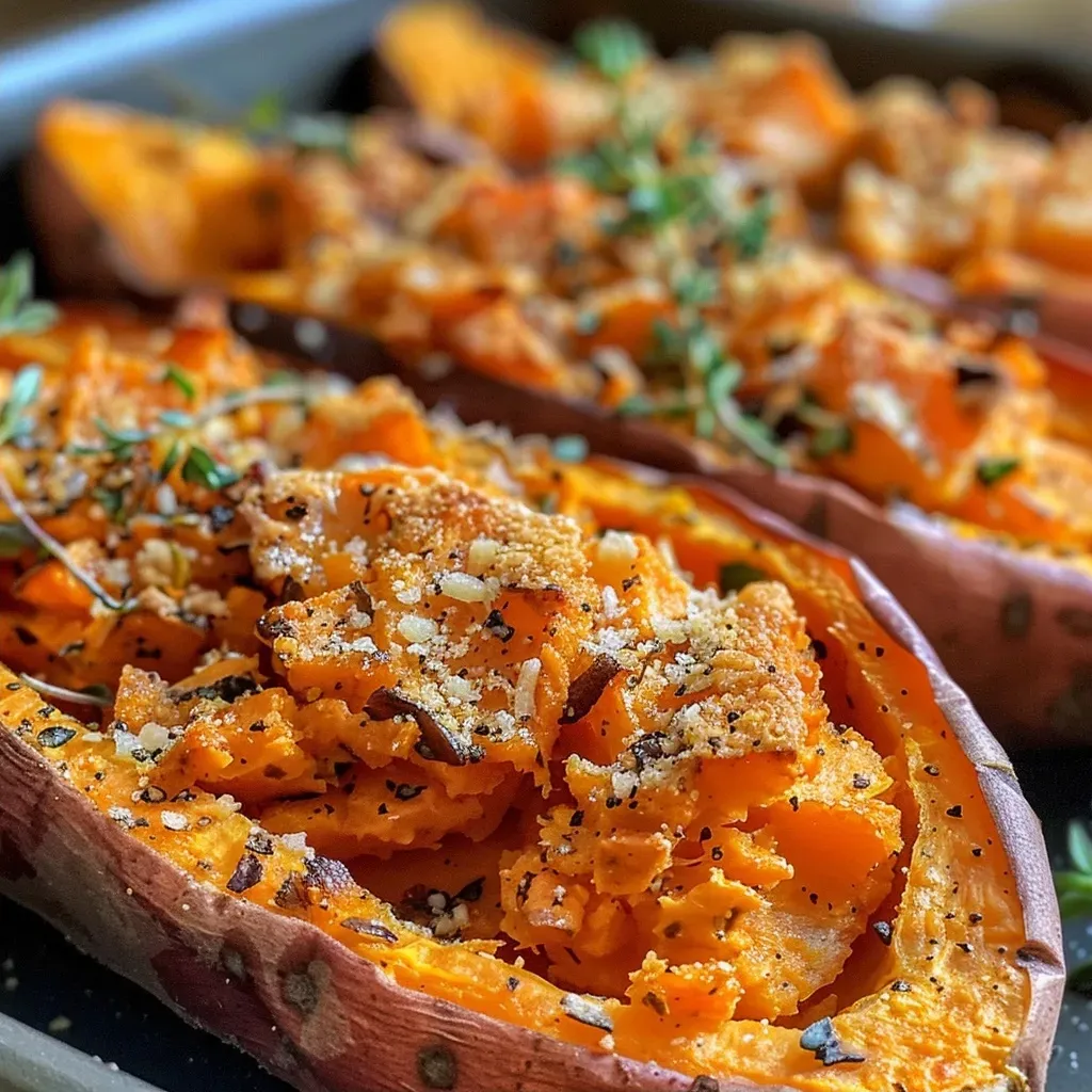 ['Close-up view of savory twice-baked sweet potatoes topped with cheese and thyme.', 'Side perspective of juicy twice-baked sweet potatoes garnished with fresh herbs.', 'Detailed shot of stuffed sweet potatoes with a golden cheese layer and herbs.', 'Mouthwatering arrangement of baked sweet potatoes filled with creamy ingredients.']