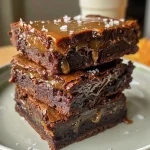 ['A close-up side view of rich sea salt caramel brownies with a glossy top layer.', 'Decadent sea salt caramel brownies displayed with drizzling caramel on top.', 'A detailed side view showcasing the moist texture and caramel drizzle on brownies.', 'An enticing image of brownies featuring sea salt caramel and a shiny surface.']
