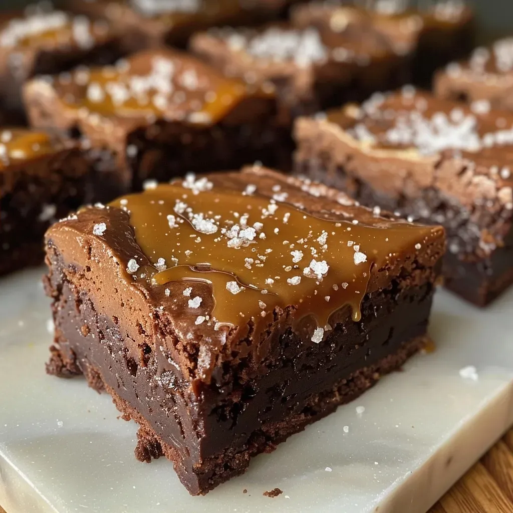 ['A close-up side view of rich sea salt caramel brownies with a glossy top layer.', 'Decadent sea salt caramel brownies displayed with drizzling caramel on top.', 'A detailed side view showcasing the moist texture and caramel drizzle on brownies.', 'An enticing image of brownies featuring sea salt caramel and a shiny surface.']
