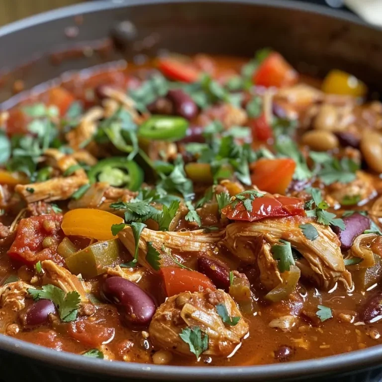 ['Close-up view of shredded chicken and chorizo chili in a bowl, garnished with cilantro and sour cream.', 'Side view of a hearty bowl of shredded chicken and chorizo chili, featuring peppers and beans.', 'Juicy shredded chicken and chorizo chili topped with fresh cilantro, served in a rustic bowl.', 'Colorful chili dish showcasing tender shredded chicken, chorizo, and a variety of vegetables.']
