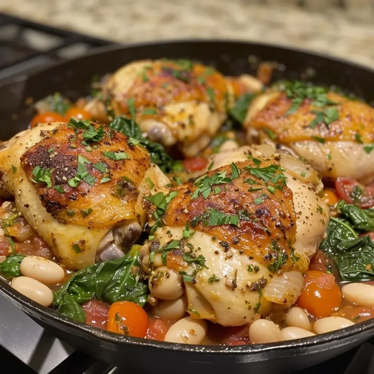 ['A side view of a steaming bowl of chicken and white bean stew with vibrant ingredients.', 'Close-up of a hearty skillet stew featuring chicken, white beans, and fresh spinach.', 'Juicy chicken thighs and white beans mixed with colorful tomatoes in a skillet.', 'A delicious bowl of chicken and white bean stew, garnished with fresh spinach.']