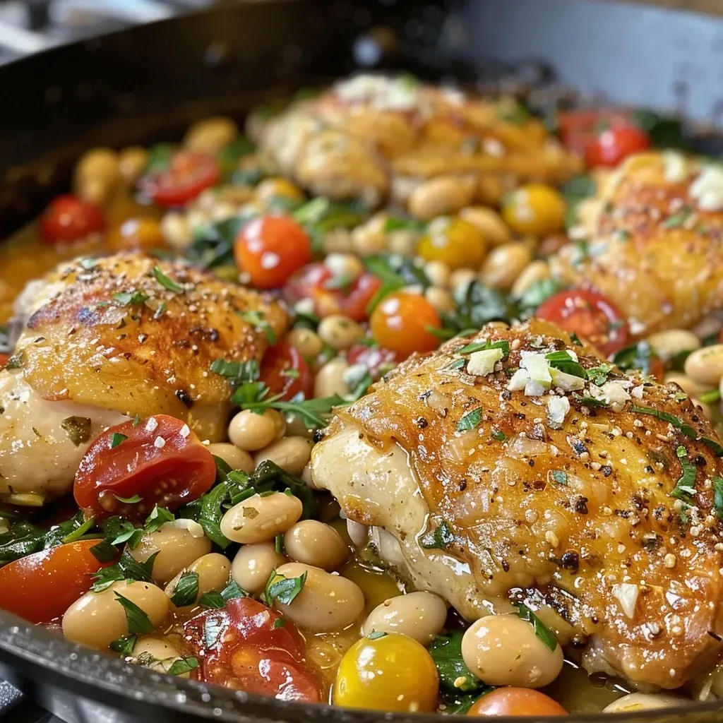 A side view of a steaming bowl of chicken and white bean stew with vibrant ingredients.