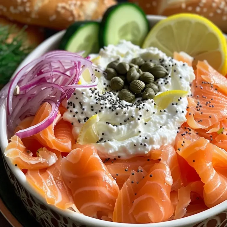 ['A close-up view of smoked salmon bagel dip served in a bowl with bagel crisps and cucumber slices.', 'Side view of a creamy smoked salmon dip garnished with dill, capers, and served with bagel chips.', 'A colorful display of smoked salmon dip alongside fresh cucumber slices and lemon wedges.', 'A bowl of smoked salmon bagel dip featuring rich textures and ingredients, surrounded by dipping options.']