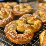 ['Close-up of golden brown protein pretzels with a soft texture.', 'Side view of doughy protein pretzels sprinkled with coarse salt.', 'A stack of fluffy protein pretzels, ready for dipping.', 'Freshly baked protein pretzels displaying a glossy egg wash finish.']