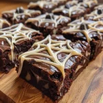 ['Close-up view of rich Spiderweb Brownies with a glossy chocolate topping.', 'Side view of decadent Spiderweb Brownies showcasing a layered chocolate texture.', 'Juicy Spiderweb Brownies with a creamy white chocolate swirl on top.', 'Detailed shot of Spiderweb Brownies highlighting their moist, fudgy interior.']